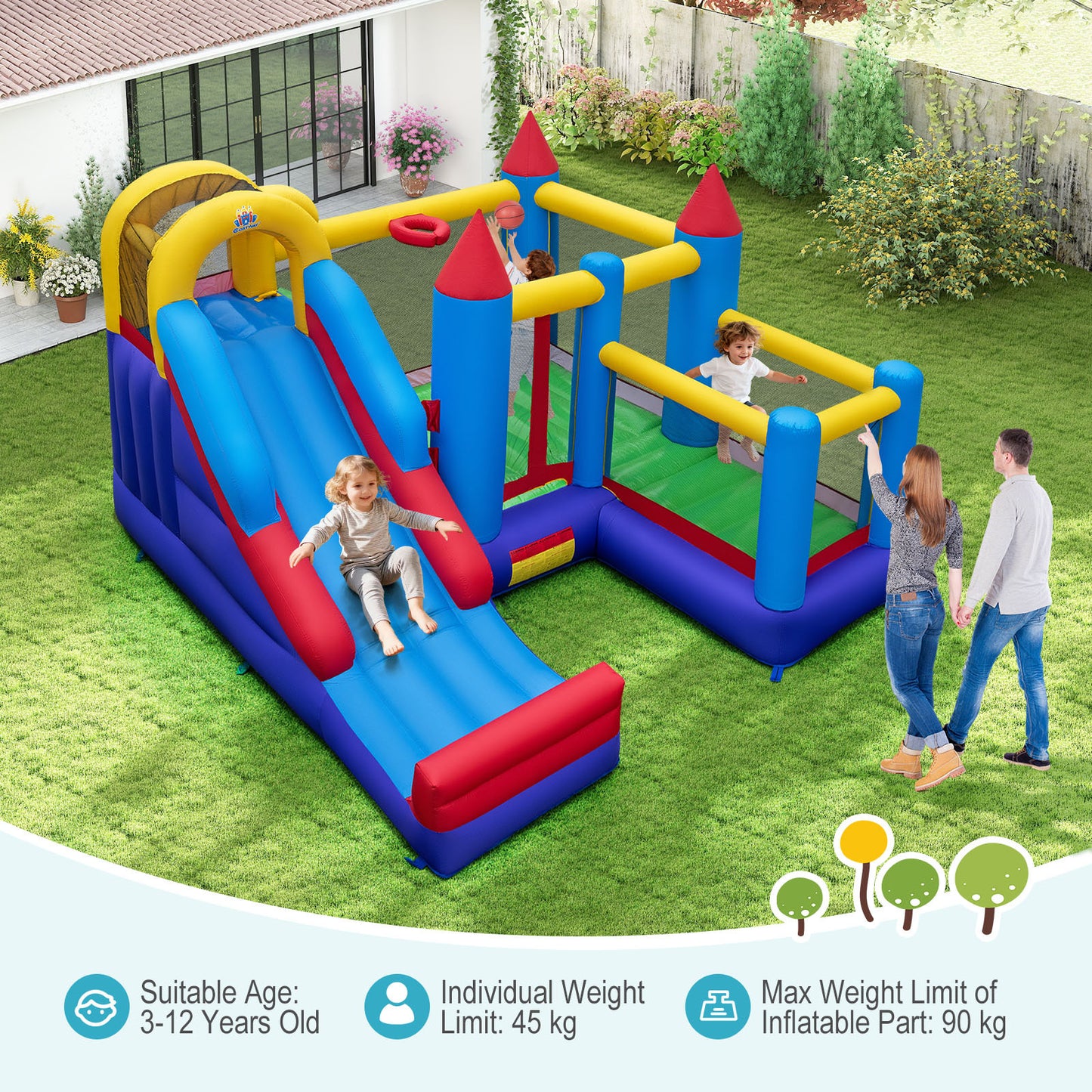 Inflatable Bounce Castle with Climbing Wall and Long Slide Without Blower