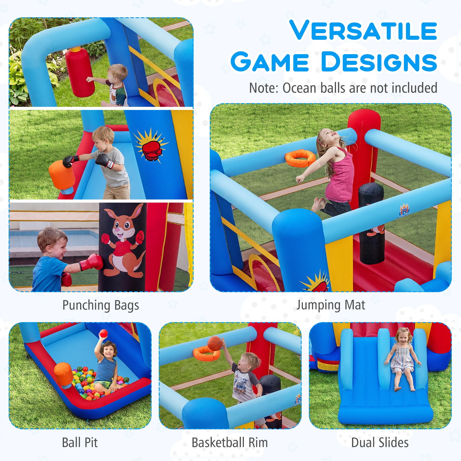 Inflatable Bounce House with Punching Bags and Basketball Rim (with 550W Blower)