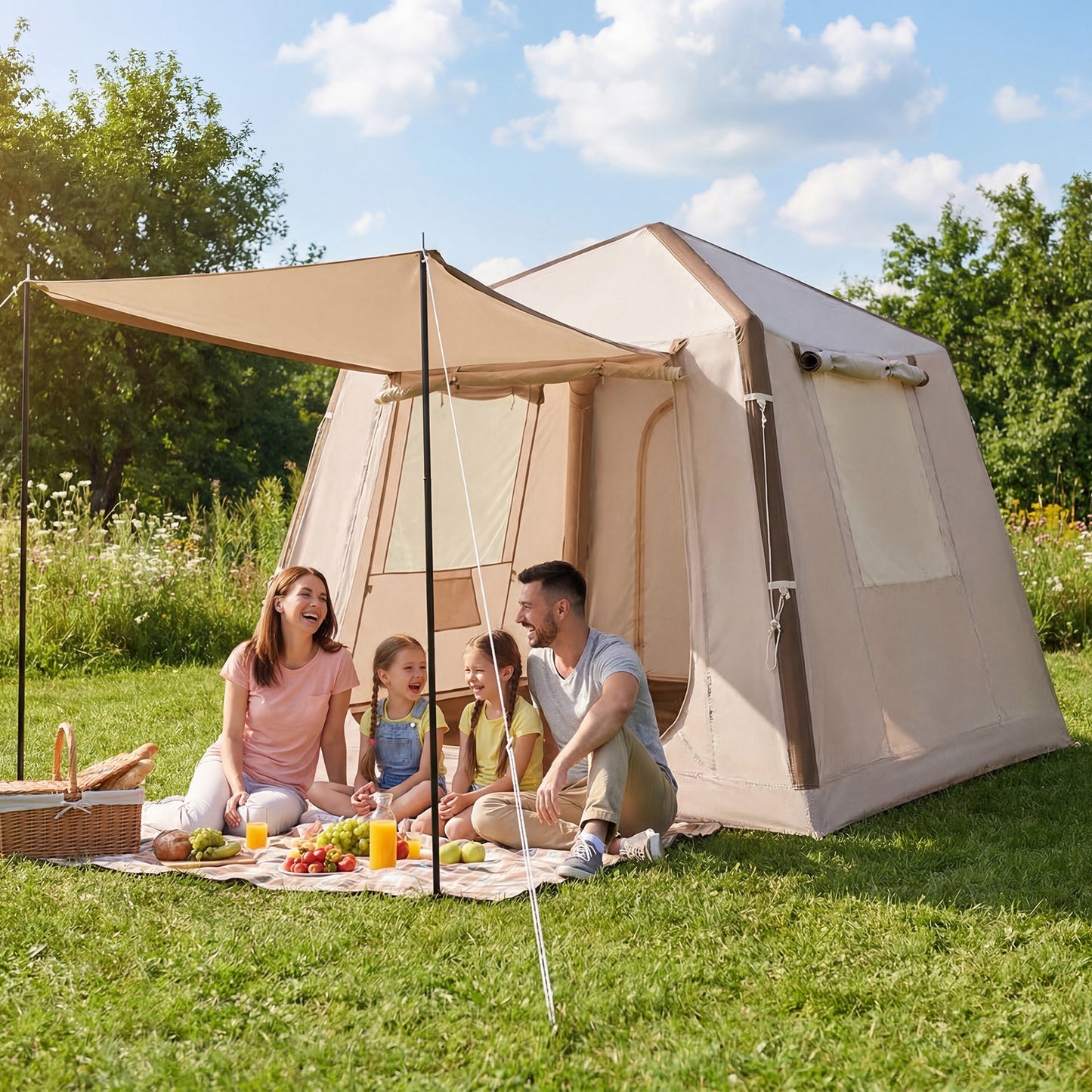 Inflatable Camping Tent for 2-4 Person with Pump and Carry Bag Easy Setup-Khaki