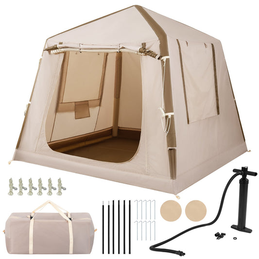 Inflatable Camping Tent for 2-4 Person with Pump and Carry Bag Easy Setup-Khaki
