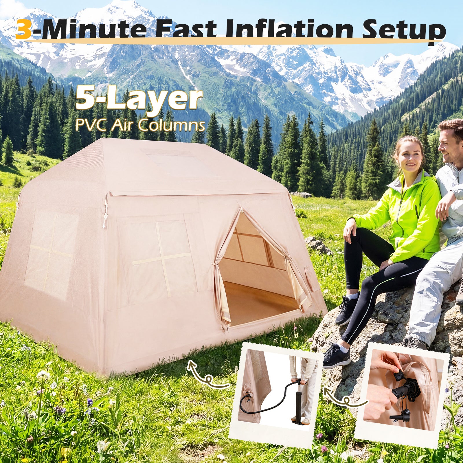 Inflatable Camping Tent for 4-6 Person Portable Blow up Tent with Pump Doors-Khaki