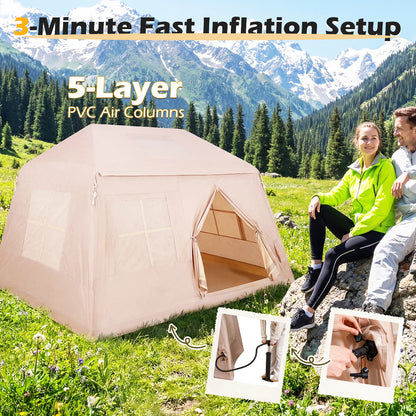 Inflatable Camping Tent for 4-6 Person Portable Blow up Tent with Pump Doors-Khaki