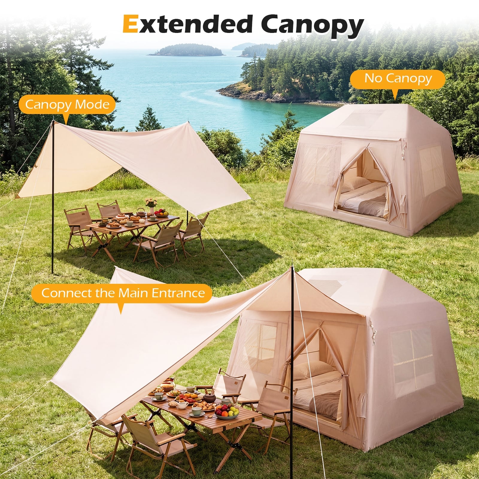 Inflatable Camping Tent for 4-6 Person Portable Blow up Tent with Pump Doors-Khaki
