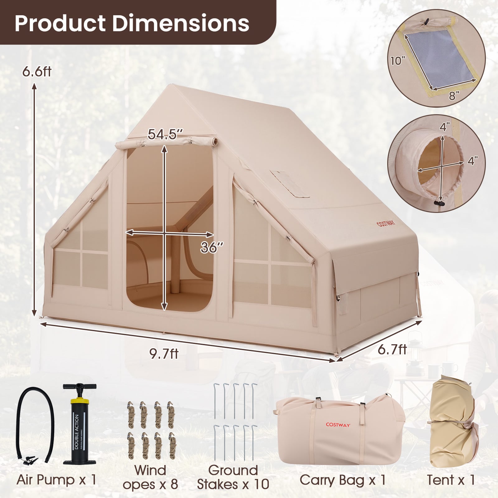 Inflatable Camping Tent with Stove Jack 4 Season Blow Up Tent with Pump-Beige