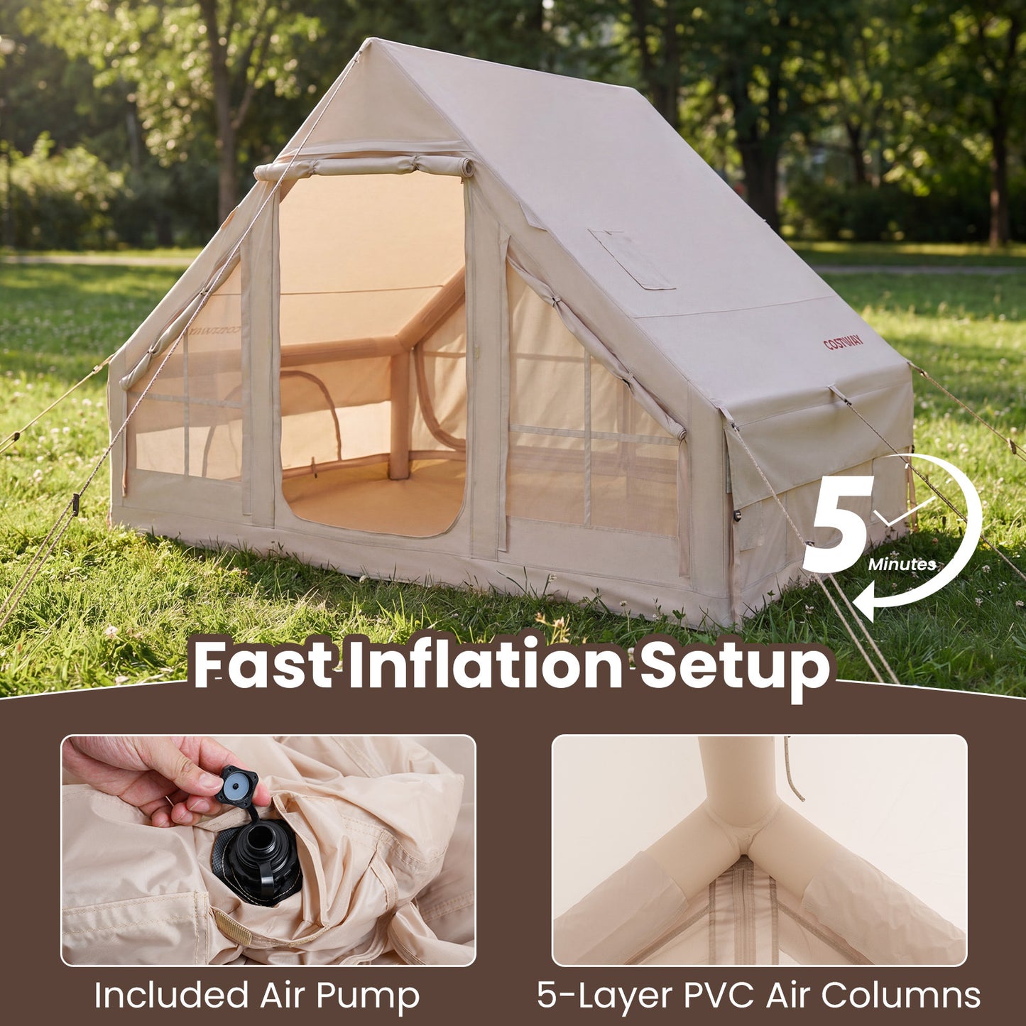 Inflatable Camping Tent with Stove Jack 4 Season Blow Up Tent with Pump-Beige