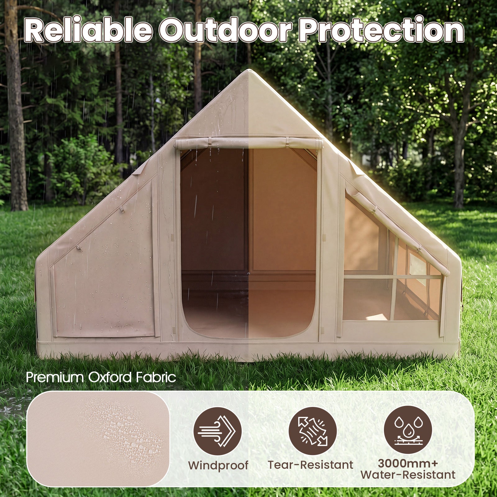 Inflatable Camping Tent with Stove Jack 4 Season Blow Up Tent with Pump-Beige