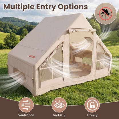 Inflatable Camping Tent with Stove Jack 4 Season Blow Up Tent with Pump-Beige