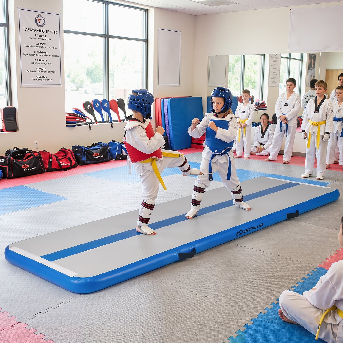 Inflatable Gymnastic Mat Portable Tumbling Mat with Electric Air Pump-Blue