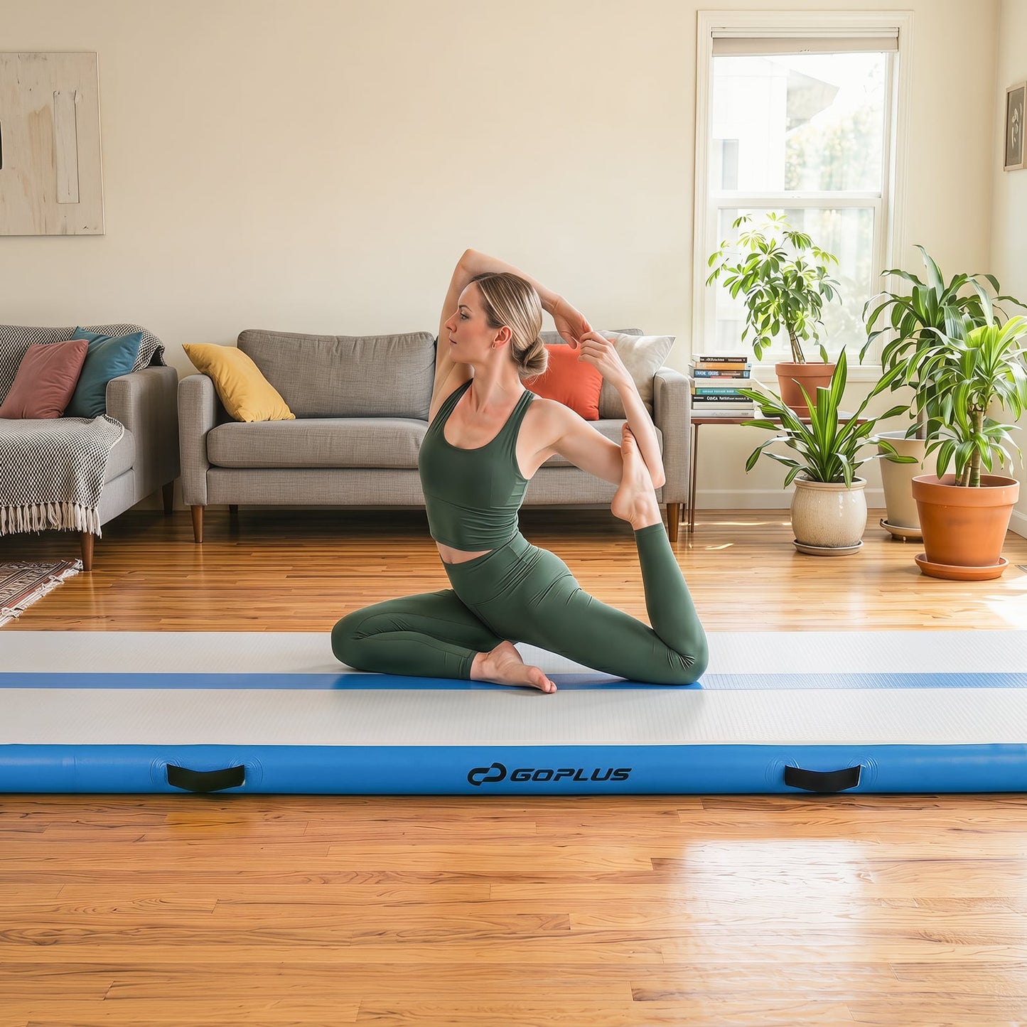 Inflatable Gymnastic Mat Portable Tumbling Mat with Electric Air Pump-Blue