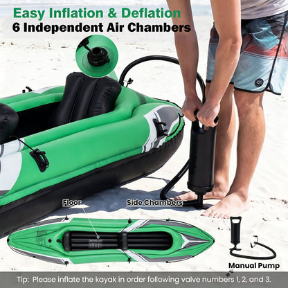 Inflatable Kayak 2 Person with Aluminum Paddles and Hand Pump-Green