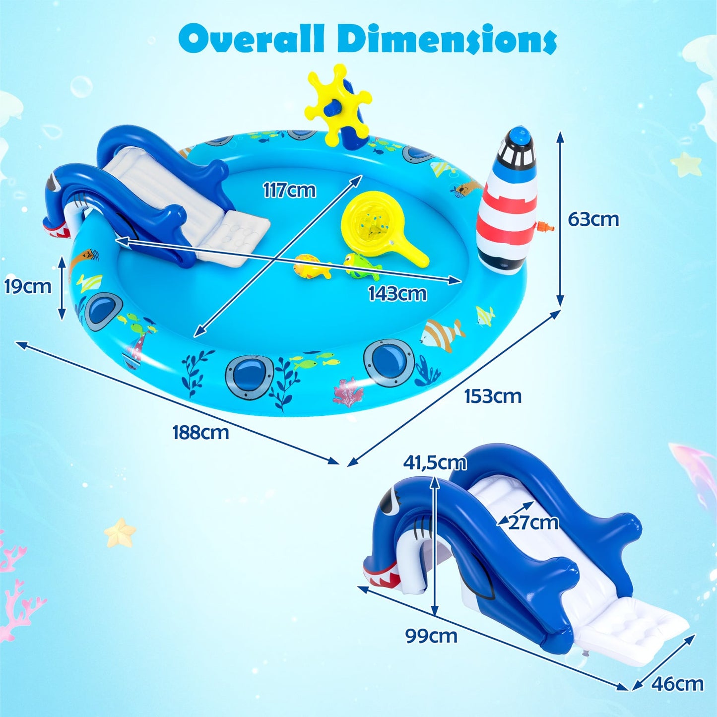Inflatable Play Center with Shark Slide & Lighthouse Sprinkle for Kids