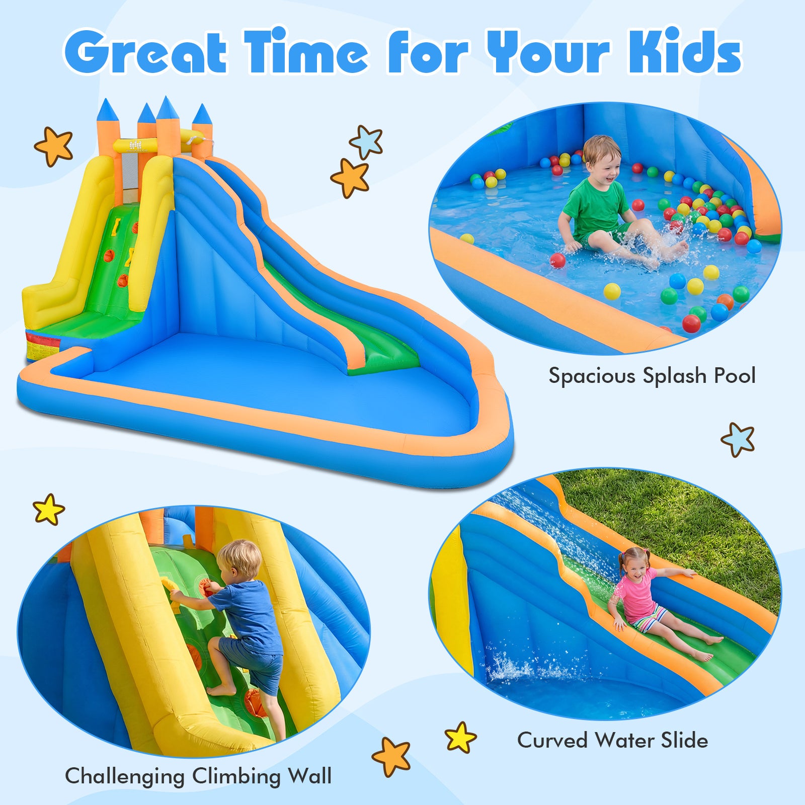 Inflatable Water Slide 3-in-1 Giant Water Park with Curved Slide
