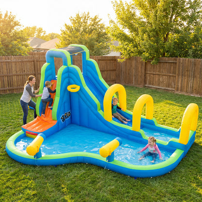 Inflatable Water Slide Park with Climbing Wall and Basketball Rim