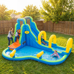 Inflatable Water Slide Park with Climbing Wall and Basketball Rim