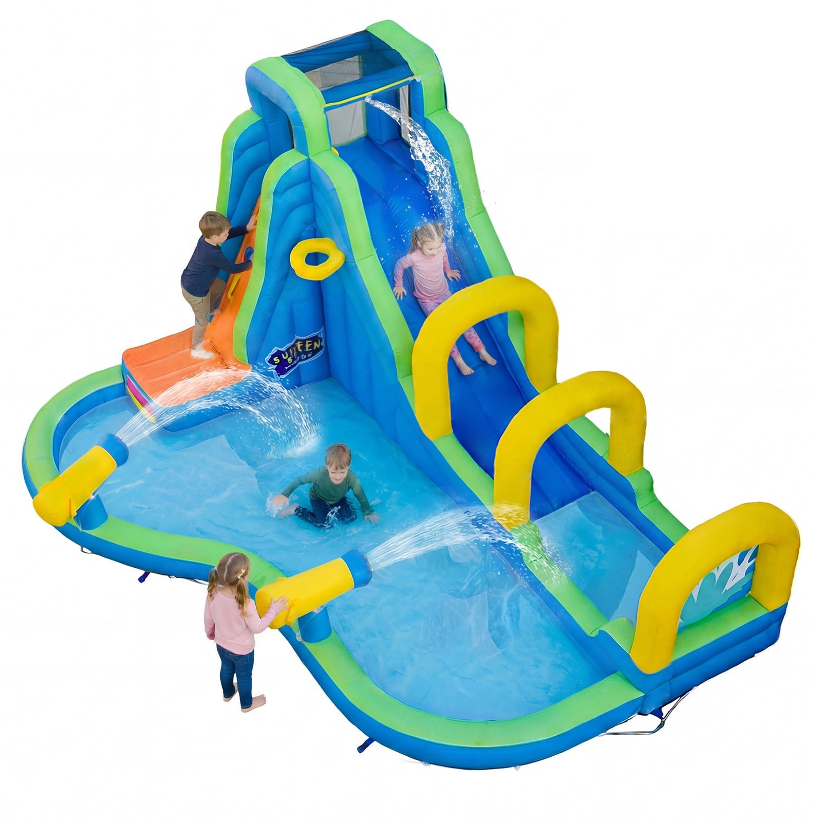Inflatable Water Slide Park with Climbing Wall and Basketball Rim
