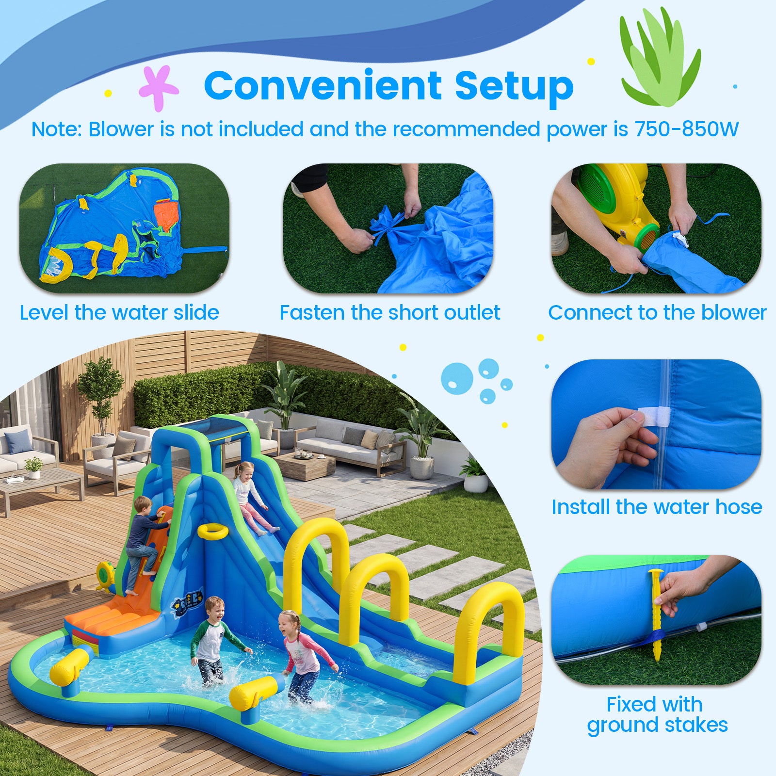Inflatable Water Slide Park with Climbing Wall and Basketball Rim