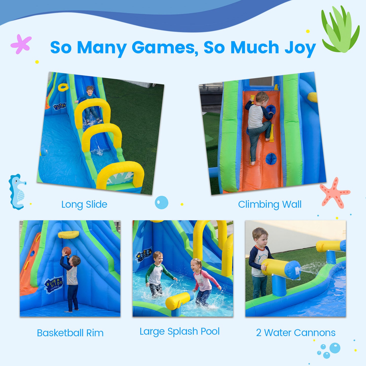 Inflatable Water Slide Park with Climbing Wall and Basketball Rim