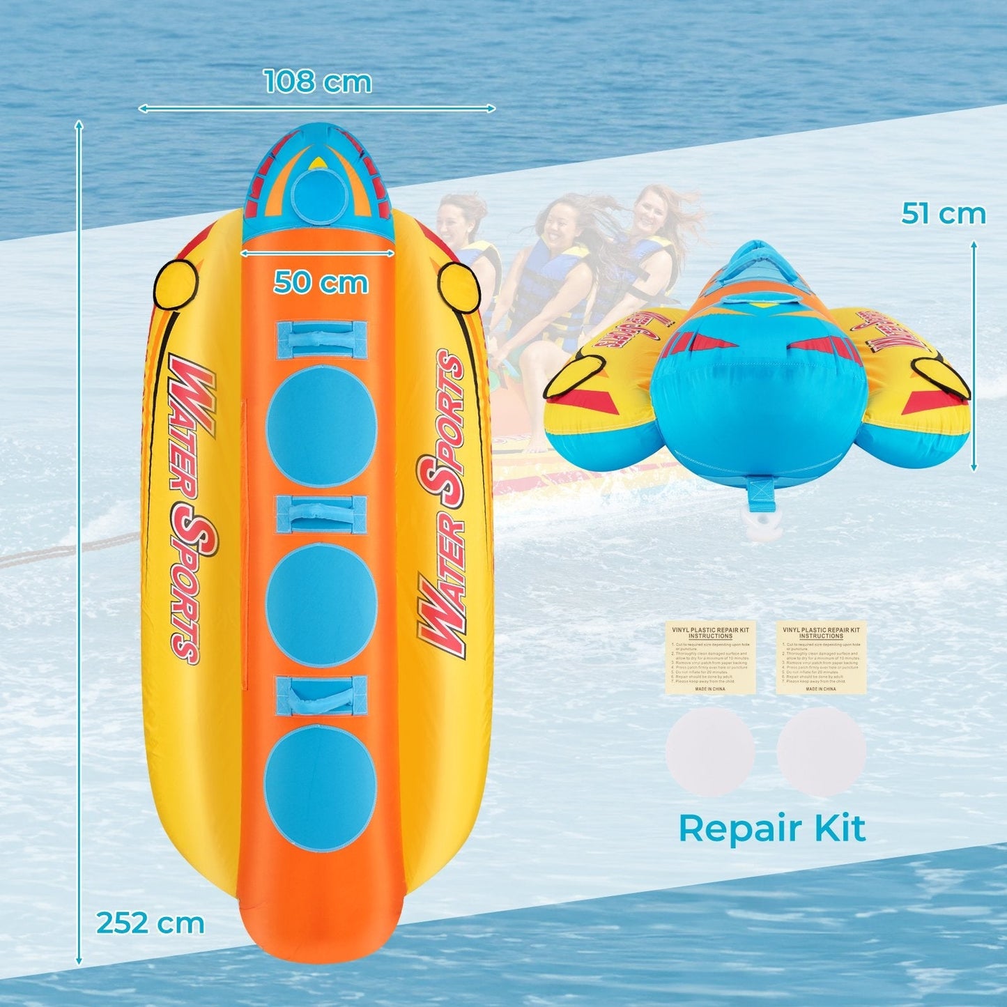 1-3 Riders Inflatable Banana Boat Towable Tube for Boating with Full Nylon Cover