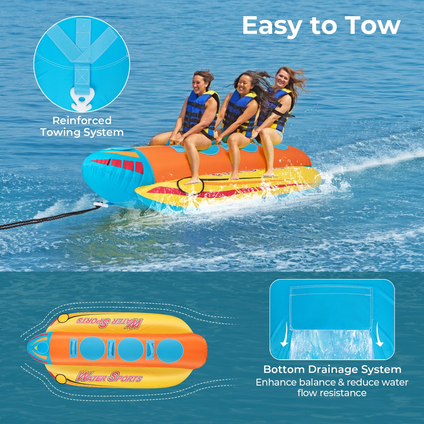 1-3 Riders Inflatable Banana Boat Towable Tube for Boating with Full Nylon Cover