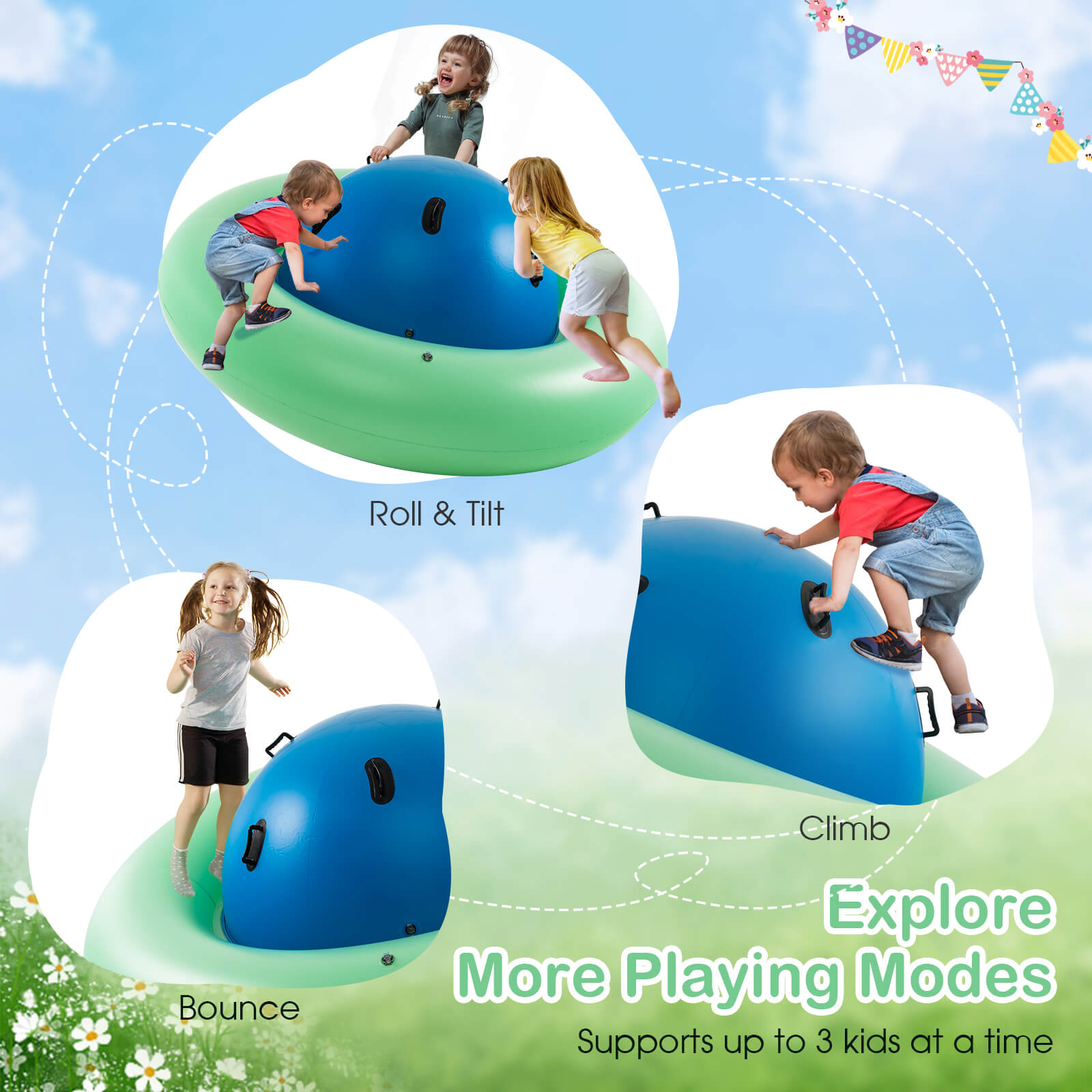 Inflatable Dome Rocker Bouncer for Kids with 6 Built-in Handles-Blue