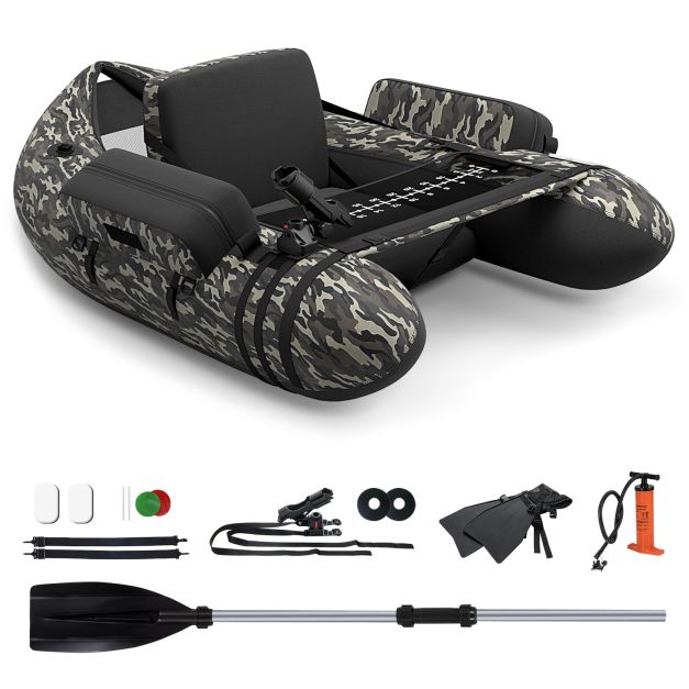 Inflatable Fishing Float Tube with Pump, Paddle, Storage Pockets-Camouflage