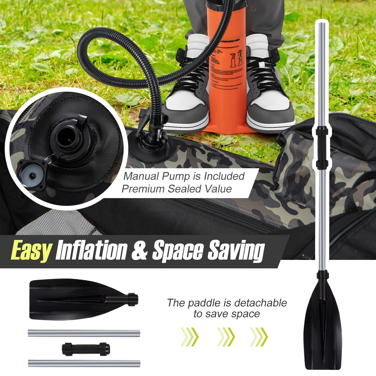 Inflatable Fishing Float Tube with Pump, Paddle, Storage Pockets-Camouflage