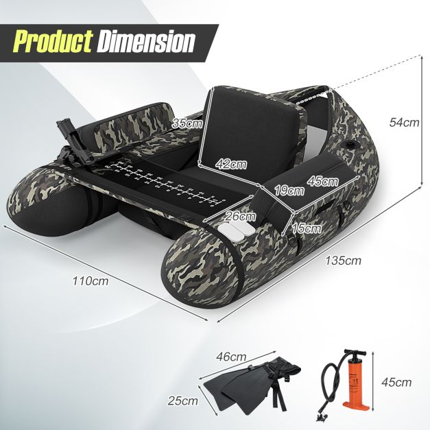 Inflatable Fishing Float Tube with Pump, Paddle, Storage Pockets-Camouflage