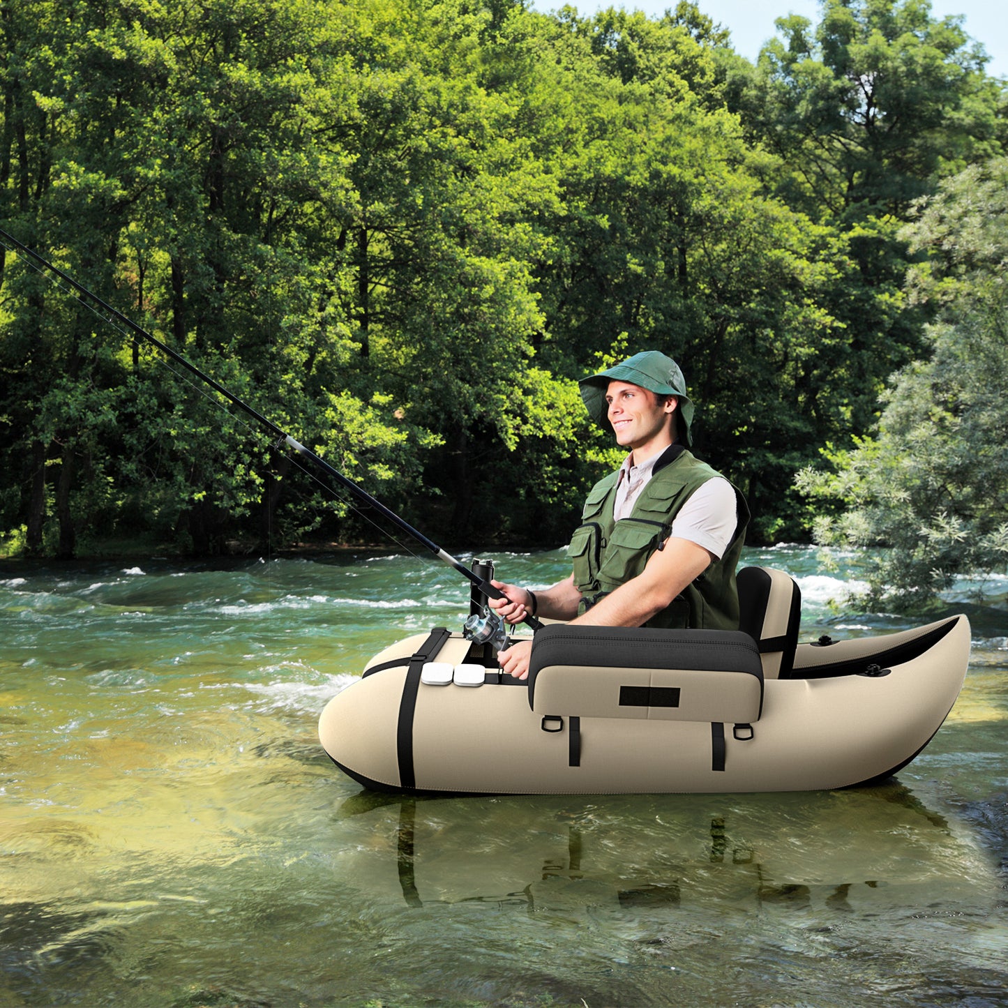 Inflatable Fishing Float Tube with Pump, Paddle, Storage Pockets-Beige
