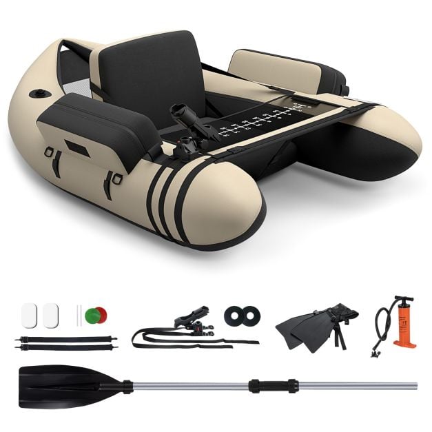 Inflatable Fishing Float Tube with Pump, Paddle, Storage Pockets-Beige