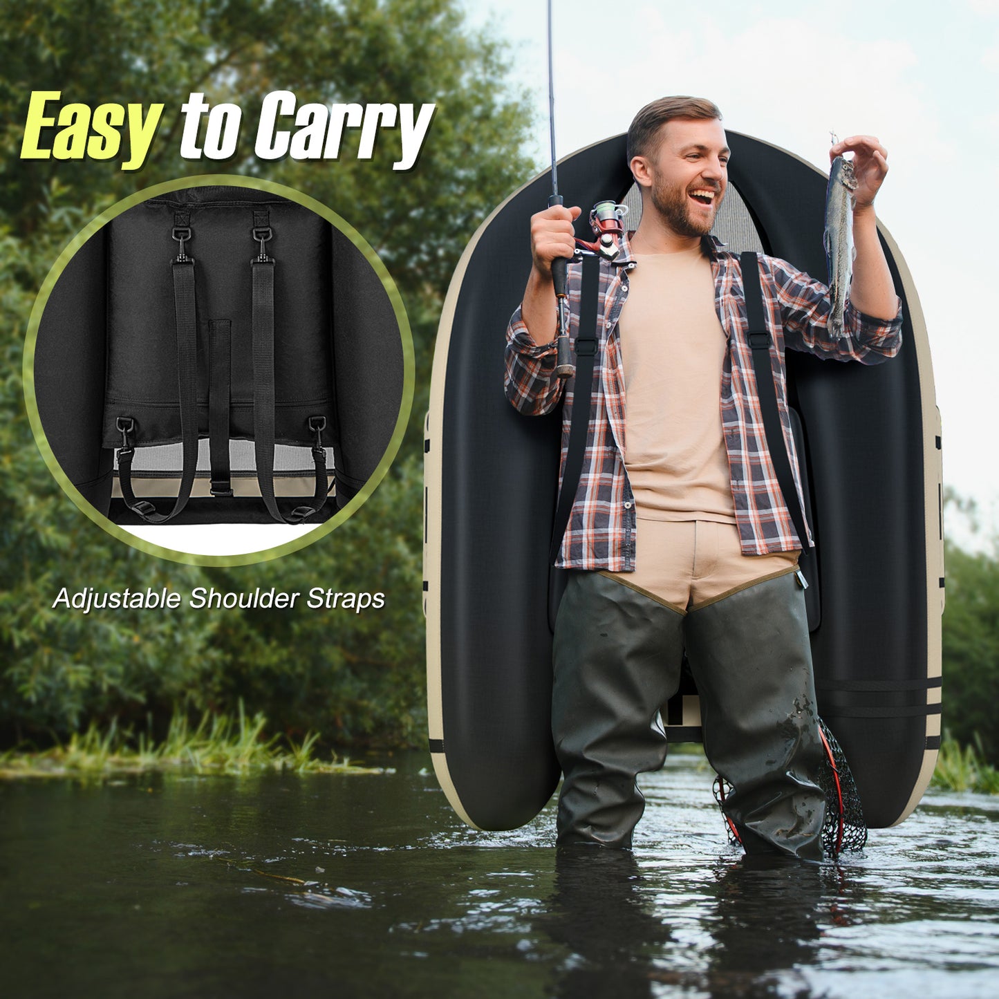 Inflatable Fishing Float Tube with Pump, Paddle, Storage Pockets-Beige
