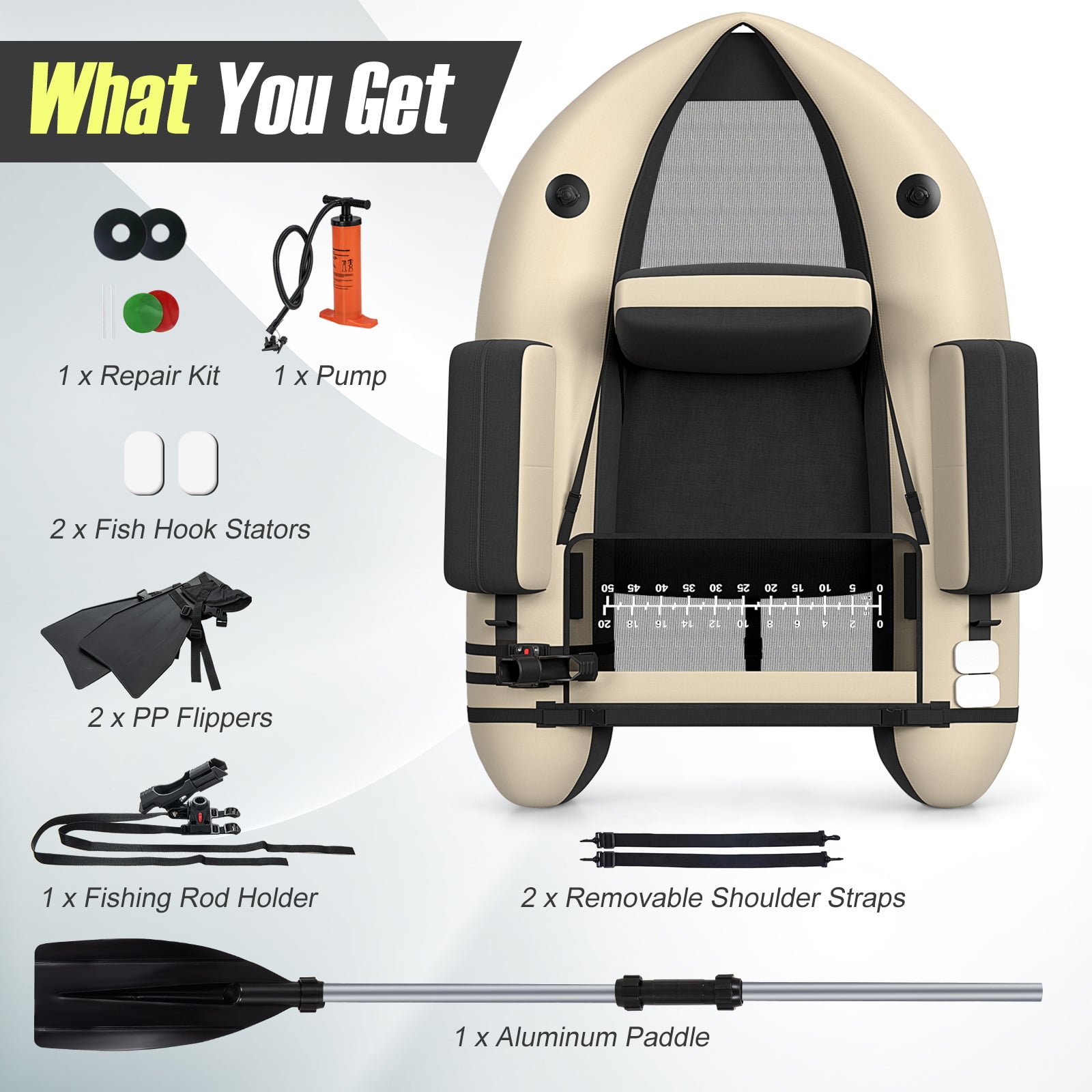 Inflatable Fishing Float Tube with Pump, Paddle, Storage Pockets-Beige
