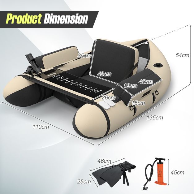 Inflatable Fishing Float Tube with Pump, Paddle, Storage Pockets-Beige