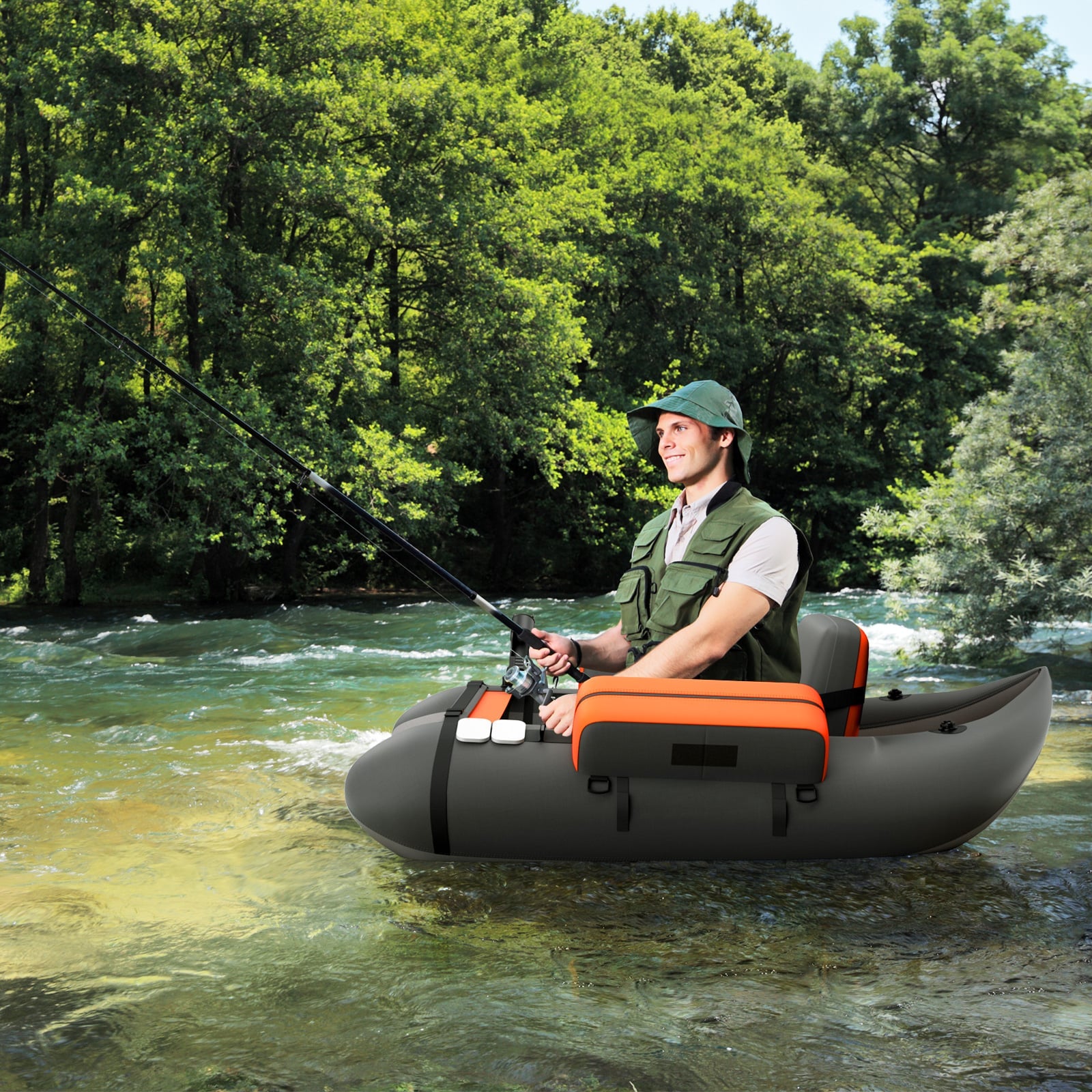 Inflatable Fishing Float Tube with Pump, Paddle, Storage Pockets-Grey