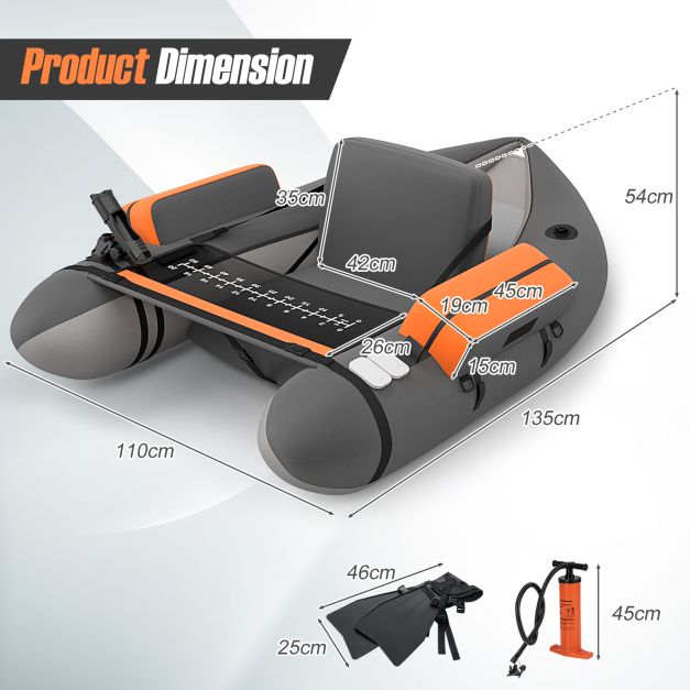 Inflatable Fishing Float Tube with Pump, Paddle, Storage Pockets-Grey