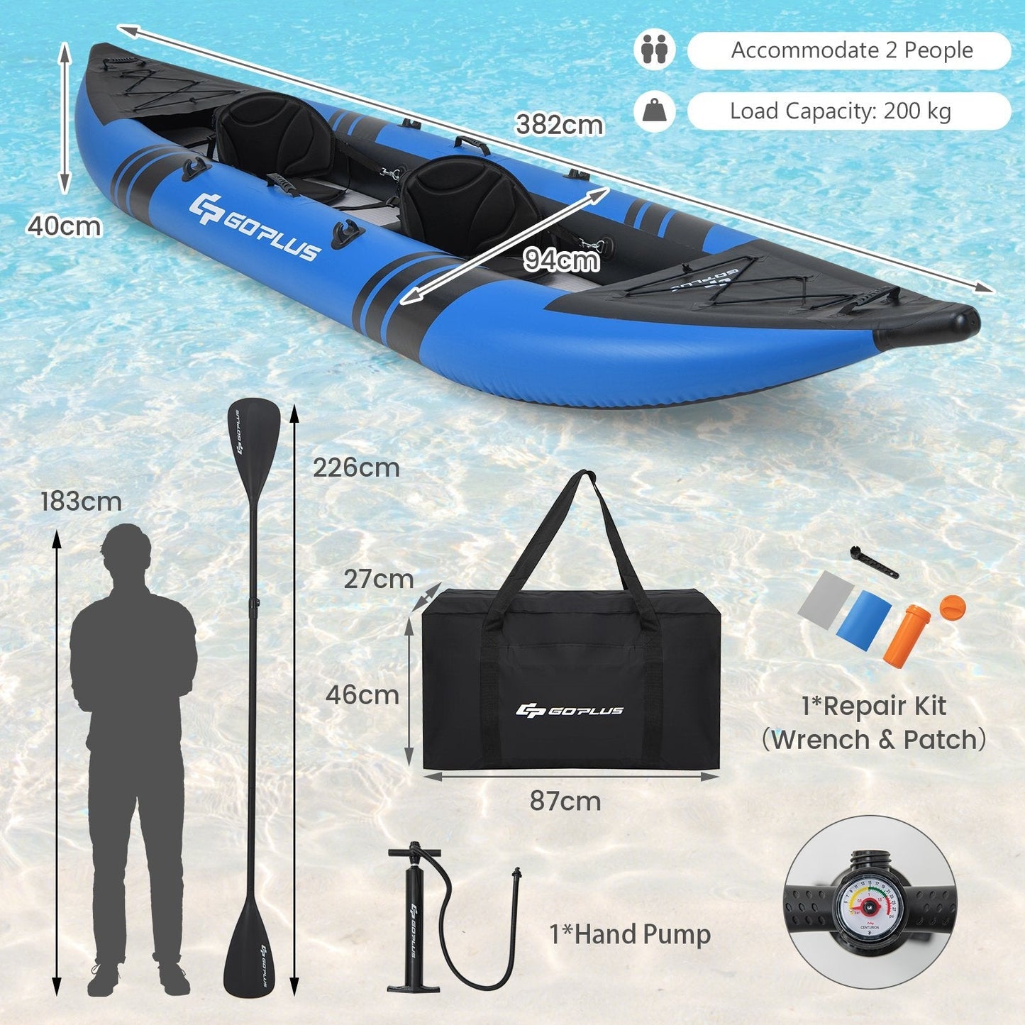 2-Person Inflatable Kayak Set with Aluminum Oars and Padded Seat-Blue