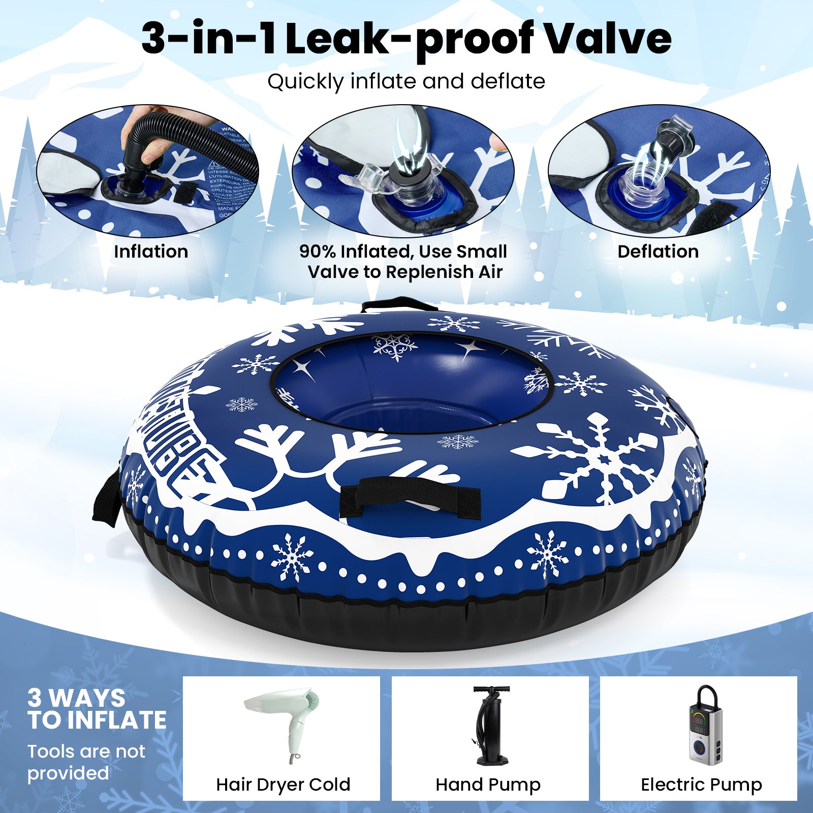 Inflatable Snow Tube Heavy-duty Snow Sledding Tube with Detachable Tow Strap-Blue
