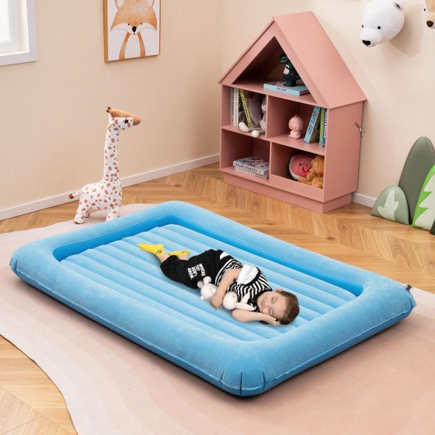 Inflatable Toddler Travel Bed with Electric Pump and Raised Bed Rails-Blue