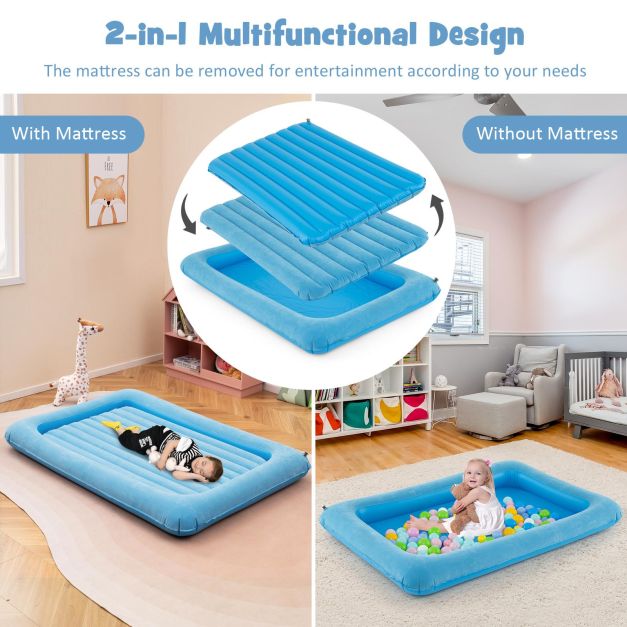 Inflatable Toddler Travel Bed with Electric Pump and Raised Bed Rails-Blue