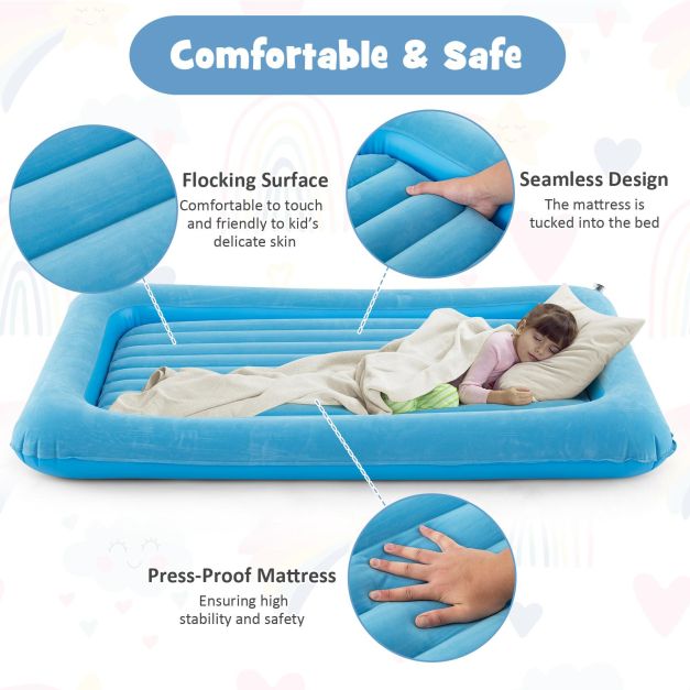 Inflatable Toddler Travel Bed with Electric Pump and Raised Bed Rails-Blue