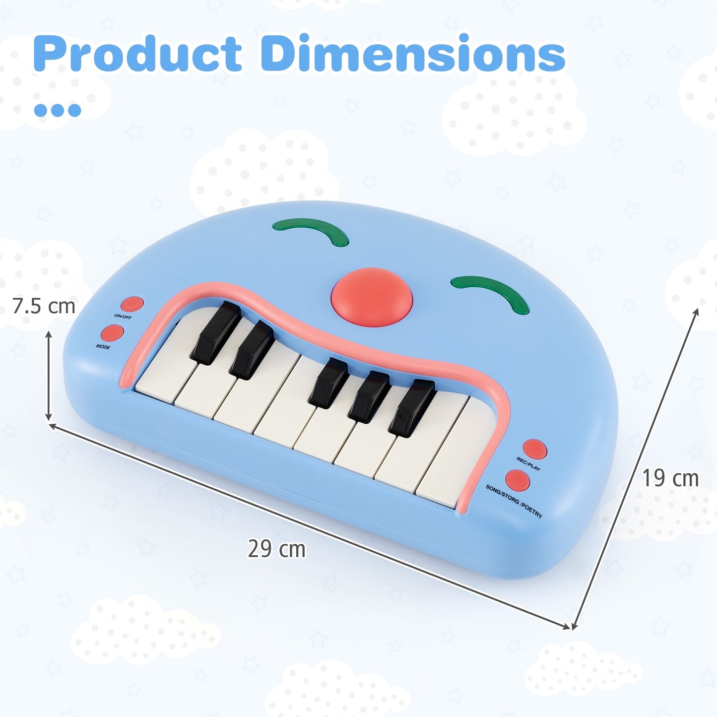 13-Key Kids Piano Keyboard Interactive Toy Digital Piano with Smiling Face-Blue