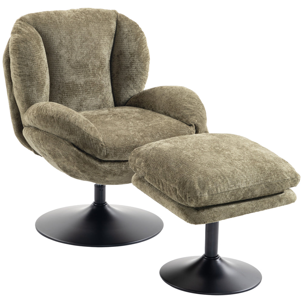 HOMCOM Modern Chenille Lazy Chair with Ottoman, 360° Swivel, Upholstered Reading Seat Set for Living Room, Dark Green