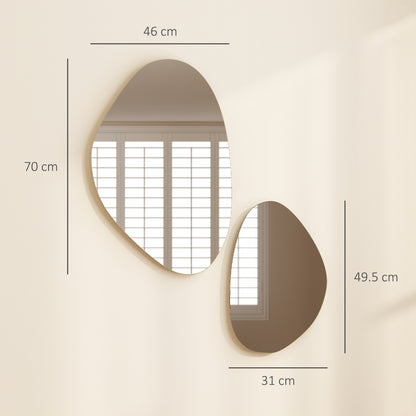 HOMCOM Set of 2 Pebble-Shaped Wall Mirror - Gold Tone