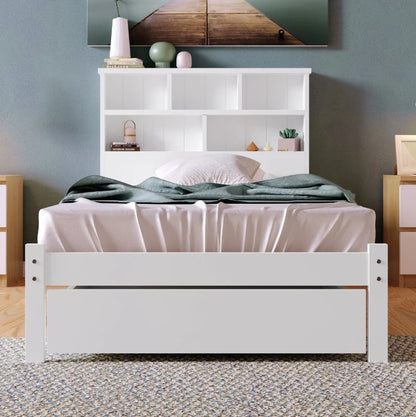 Single Wooden Storage Bed with Built-in Shelves and Underbed Drawer, Pinewood and MDF, for Adults, Kids, Teenagers, 208x100x93 cm, White