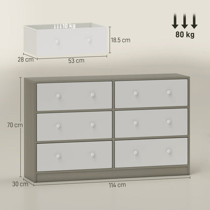 HOMCOM Chest of Drawers, Dresser with 6 Fabric Drawers - White and Grey