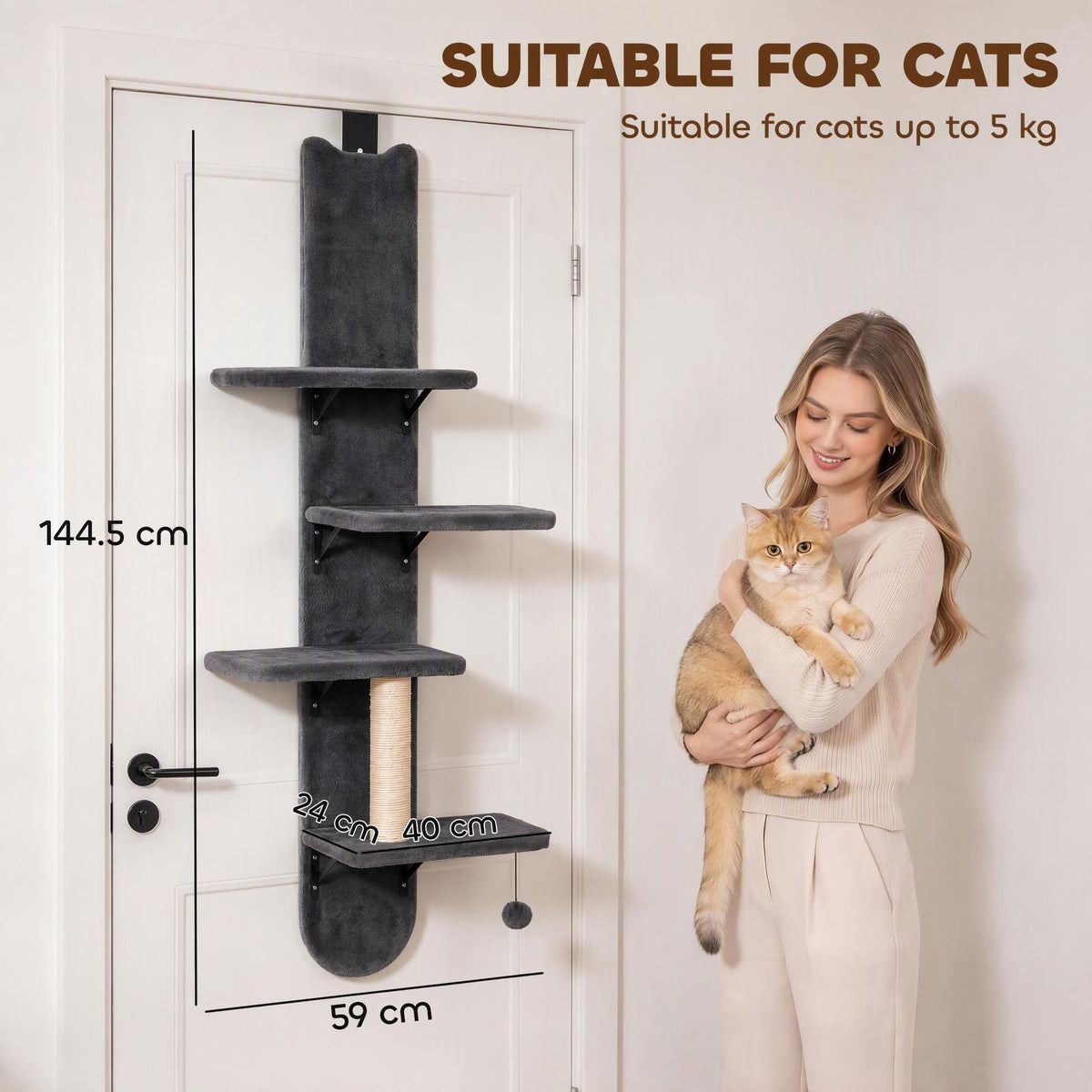 PawHut Door Hanging Cat Shelf, 4-Level Over Door Cat Climber with Platforms, Scratching Post and Hanging Ball, Dark Grey