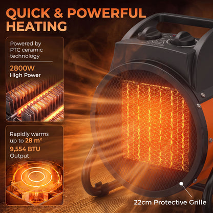 Outsunny Industrial Fan Heater 2800W with Tilting, Electric Ceramic Space Heater with Adjustable Thermostat, Handle