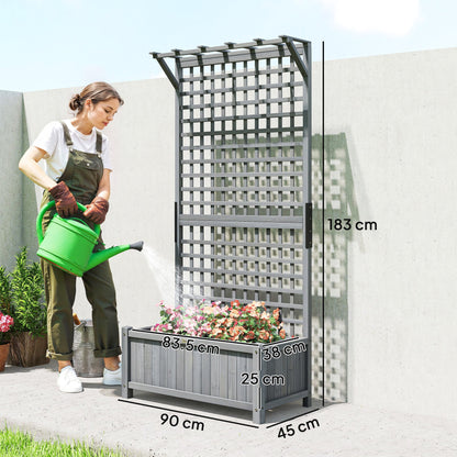 Outsunny Raised Bed with Drainage Holes, Wood Planter with Trellis for Climbing Plants, Dark Grey