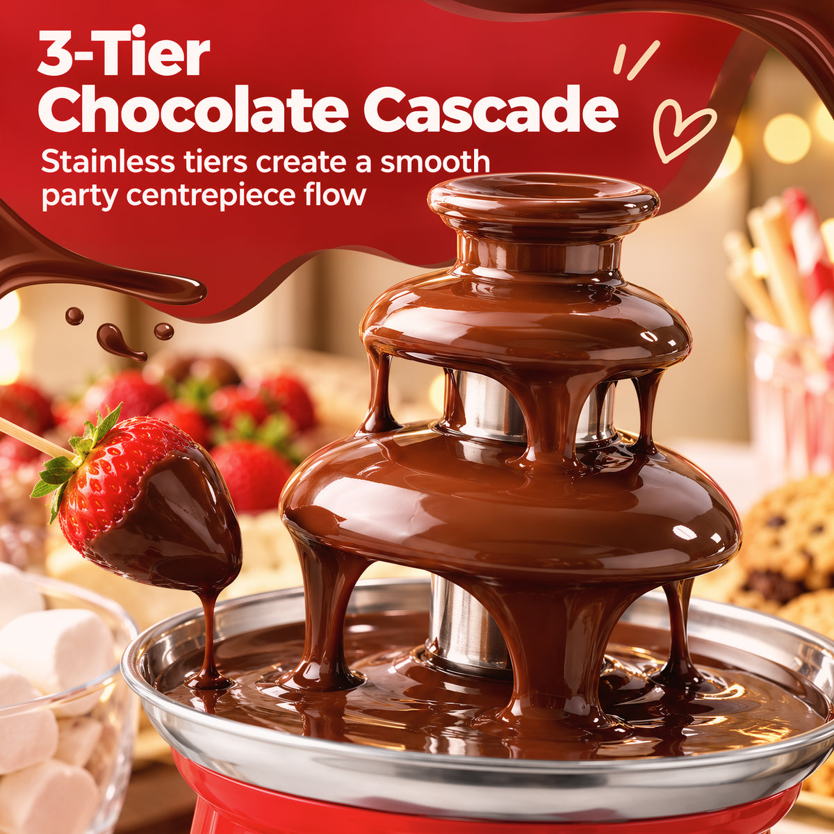 HOMCOM Stainless Steel Chocolate Fountain, 3-Tier 270 ml Electric Fondue Set with Hot Melting Pot Base for Parties, Red