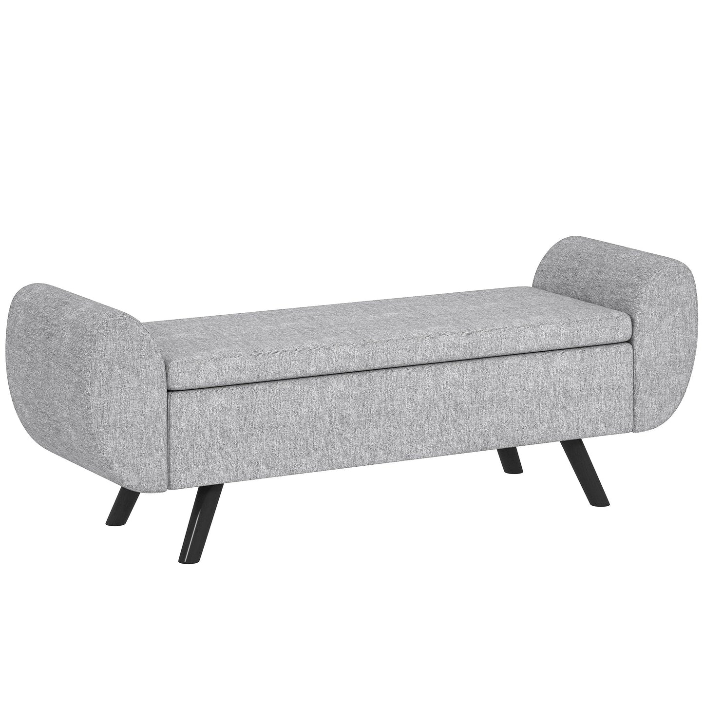 HOMCOM Storage Ottoman with Armrest, Upholstered Linen Storage Bench, Window Seat with Rubberwood Legs, Footstool for Bedroom Living Room, Hallway, Dark Grey