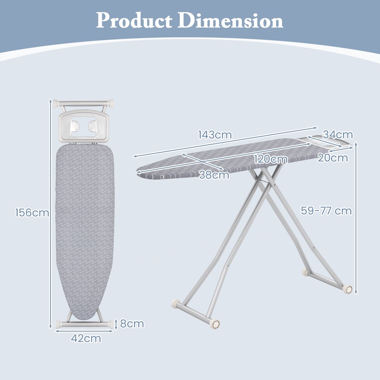 Ironing Board with Iron Rest and Removable Silver-coated Cover-Grey